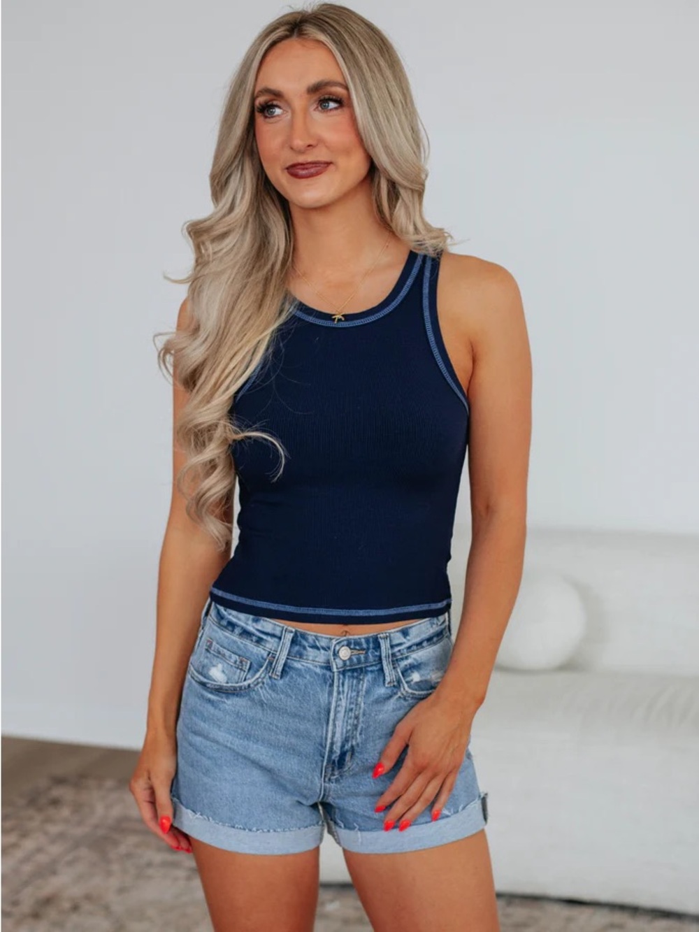 Navy Ribbed Tank with Light Blue Trim